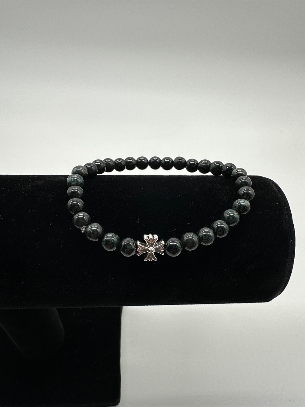Dark Green Jade Bracelet with Silver Cross Accent